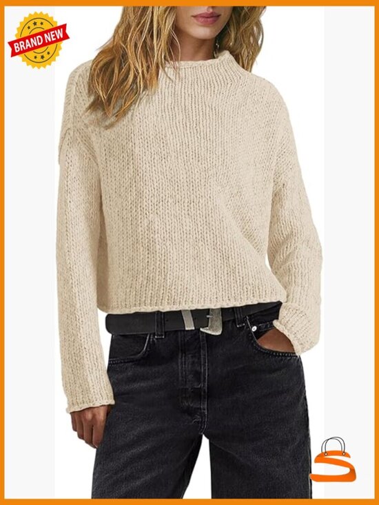 Sweaters - Oversized Cropped Chunky Knit Sweater Long Sleeve Mock Neck Pullover